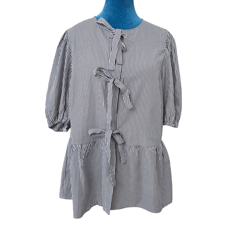 NWT Pretty Garden Womens Tie Front Striped Shirt Size L